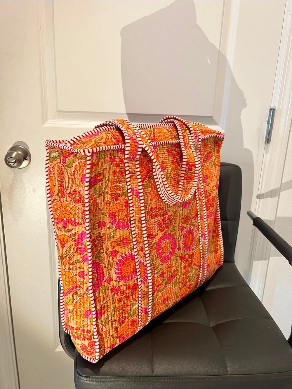 Quilted Floral Tote Bag in Orange & Pink